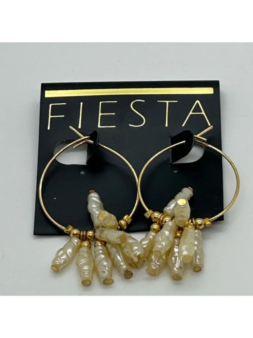 Vintage Gold Tone Hoop Earrings With White Acrylic Stick Pearl Clusters